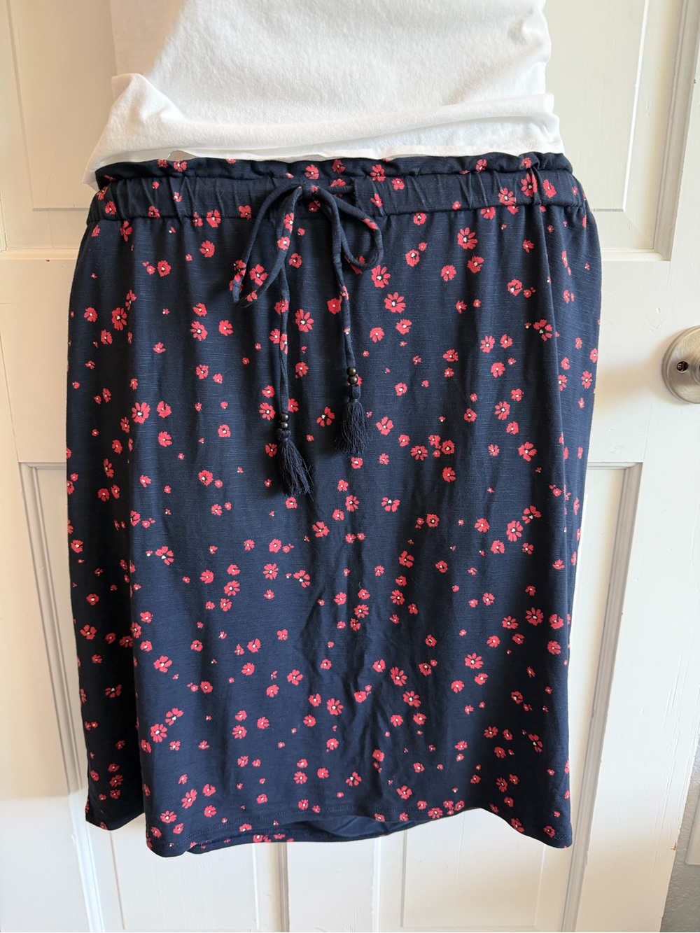 J. Jill Navy Midi Skirt with Red Floral Print